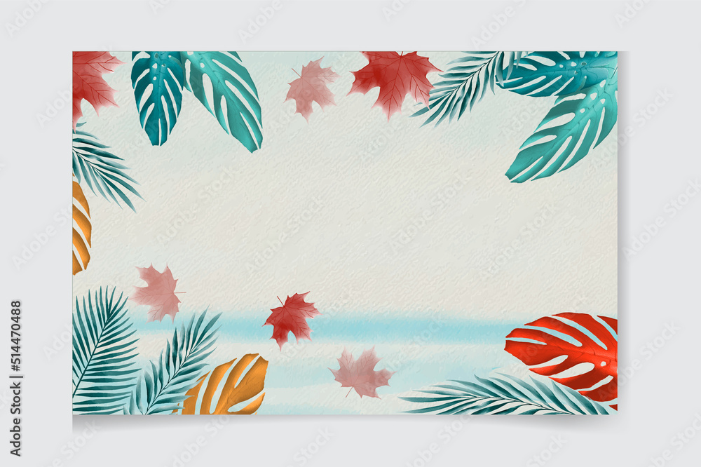 Hot summer sale  promotional banner with tropical beach exotic palm leaves, hibiscus flowers, pineapples and various plants 