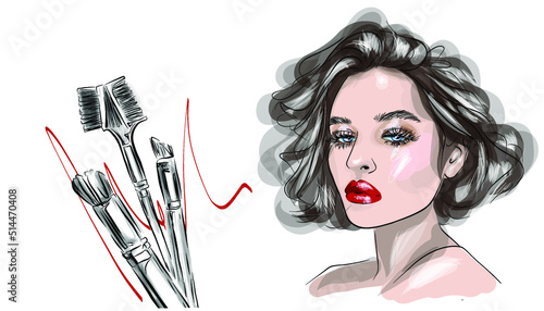 Abstract girl model face makeup drawing sketch. Beautiful young woman fashion portrait illustration.
