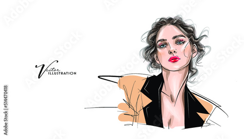 Abstract girl model face makeup drawing sketch. Beautiful young woman fashion portrait illustration.