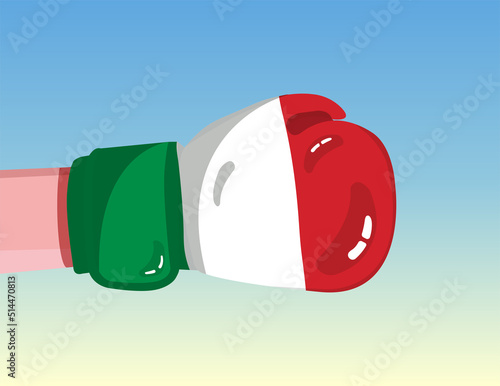Flag of Italy on boxing glove. Confrontation between countries with competitive power. Offensive attitude. Separation of power. Template ready design.