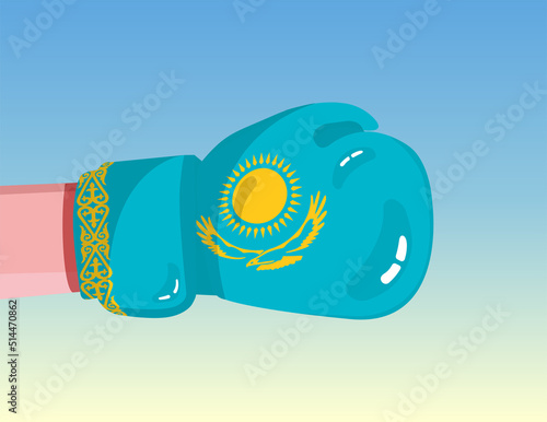 Flag of Kazakhstan on boxing glove. Confrontation between countries with competitive power. Offensive attitude. Separation of power. Template ready design.