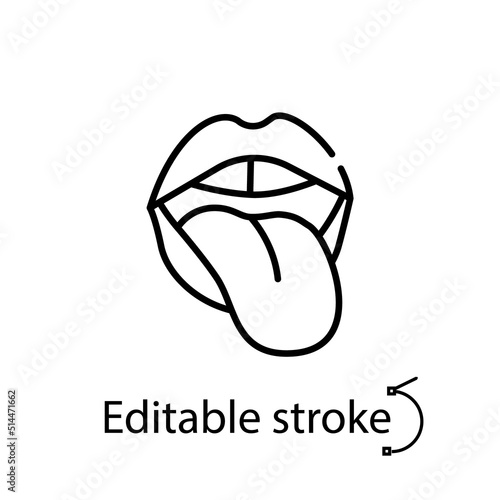 Woman lips with protruding tongue outline icon. Sex idea. Temptation concept. Sex shop logo. Vector stock illustration
