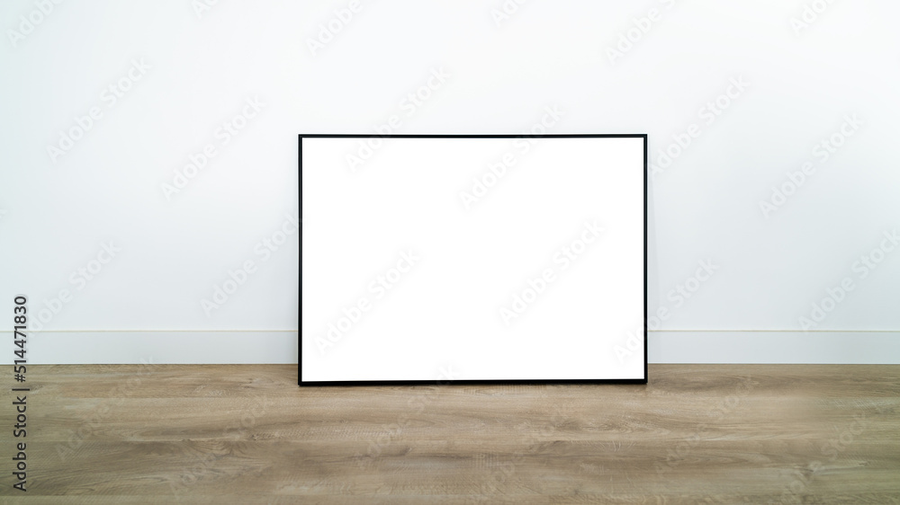 White poster on floor with blank frame mockup for you design. Layout mock up. White poster on floor with blank frame mockup for you design. Layout mock up.