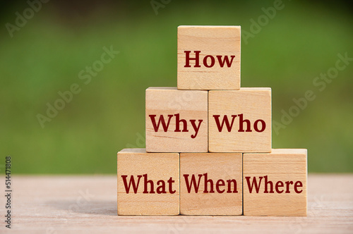 How, why, who, what, when and where text on wooden block with blurred nature background Fototapeta
