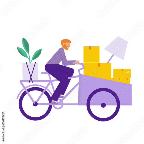 Man moving from home or office. Transports by cargo bike. Backfiets with home or office things and stuff. Vector flat illustration