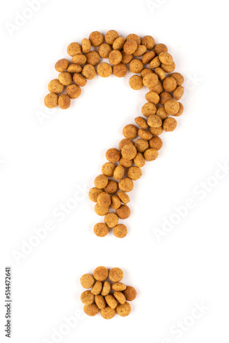 A question mark laid out of dry food for cats (dogs) on a white isolated background. Balanced nutrition of pets.