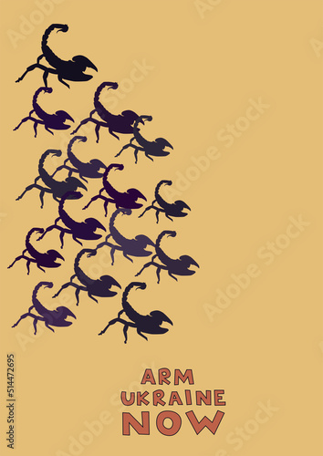 illustration of scorpions with stingers near arm ukraine now lettering on beige background.