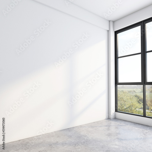Minimalist loft empty room with white wall and polished concrete floor. 3d rendering 