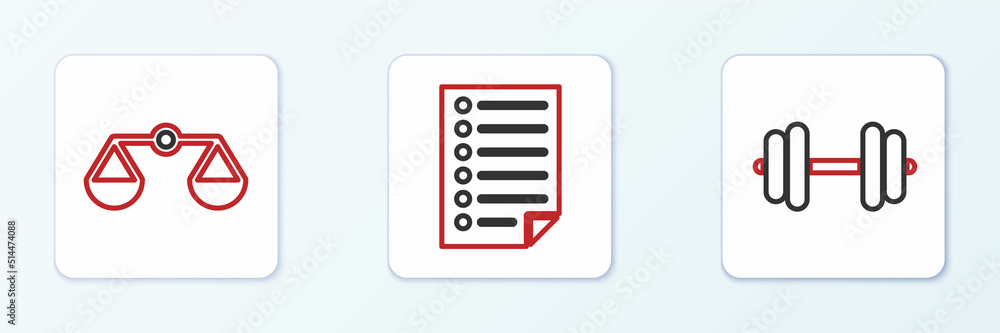 Set line Dumbbell, Scales of justice and Document icon. Vector Set line Dumbbell, Scales of justice and Document icon. Vector