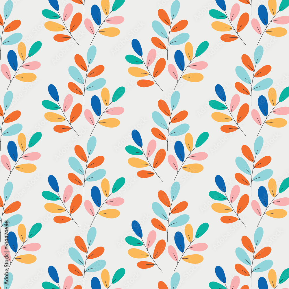 Seamless pattern with beautiful colorful leaves on light grey background. Vector for summer background, wallpaper, fabric, backdrop, picture frames, webpage, surface textures Seamless pattern with beautiful colorful leaves on light grey background. Vector for summer background, wallpaper, fabric, backdrop, picture frames, webpage, surface textures