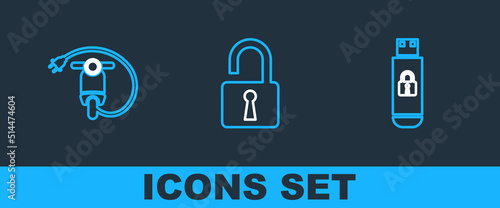 Set line USB flash drive with lock, Electric scooter and Open padlock icon. Vector