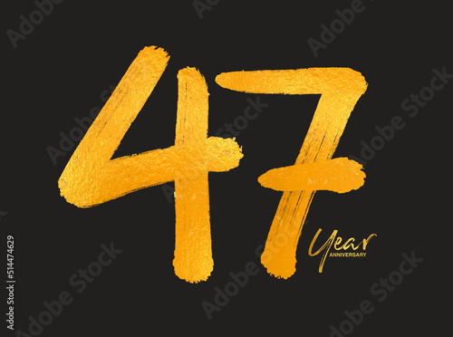 Gold 47 Years Anniversary Celebration Vector Template, 47 Years  logo design, 47th birthday, Gold Lettering Numbers brush drawing hand drawn sketch, number logo design vector illustration photo