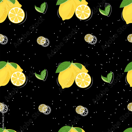 Tropical seamless pattern with yellow lemons. Fruit repeated background. Vector bright print for fabric or wallpaper. Hand drawing illustration in pastel colours. Perfect design