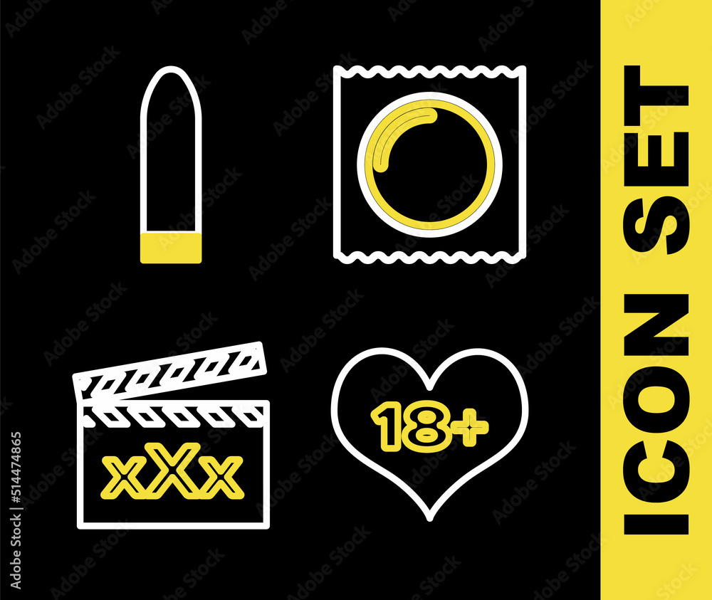 Set line Condom in package, 18 plus content heart, Movie clapper with Sex and Dildo vibrator icon. Vector