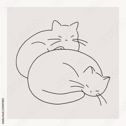 Two cute cats sleeping together. Cat hand drawn line illustration
