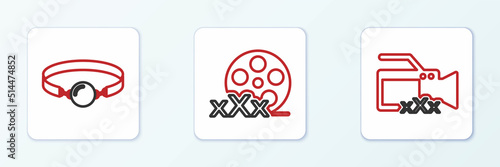 Set line Video camera with Sex, Silicone ball gag and Film reel icon. Vector