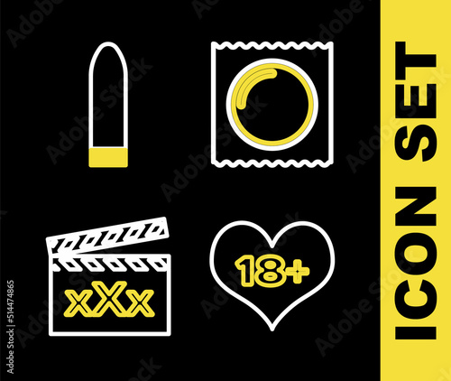 Set line Condom in package, 18 plus content heart, Movie clapper with Sex and Dildo vibrator icon. Vector