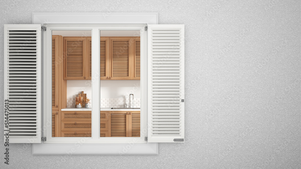 Exterior plaster wall with white window with shutters, showing wooden country kitchen, blank background with copy space, architecture design concept idea, mockup template Exterior plaster wall with white window with shutters, showing wooden country kitchen, blank background with copy space, architecture design concept idea, mockup template