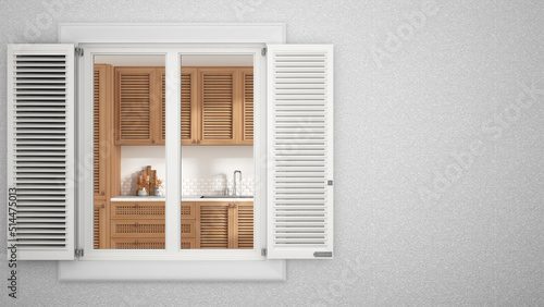 Exterior plaster wall with white window with shutters  showing wooden country kitchen  blank background with copy space  architecture design concept idea  mockup template