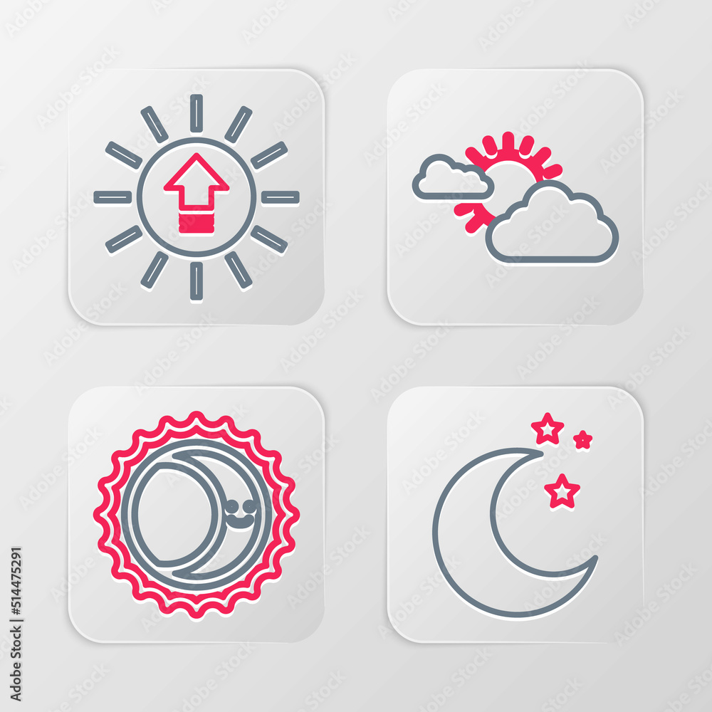 Set line Moon and stars, Eclipse of the sun, Sun cloud weather and Sunset icon. Vector Set line Moon and stars, Eclipse of the sun, Sun cloud weather and Sunset icon. Vector