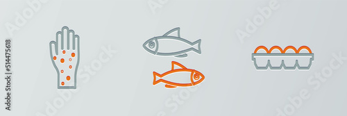 Set line Chicken egg in box, Hand with psoriasis or eczema and Fish icon. Vector
