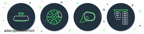 Set line Car brake disk with caliper, mirror, and gas and pedals icon. Vector
