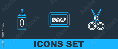 Set line Scissors hairdresser, Bottle of shampoo and Bar soap with foam icon. Vector