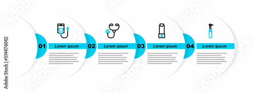 Set line Tooth drill, Inhaler, Stethoscope and IV bag icon. Vector