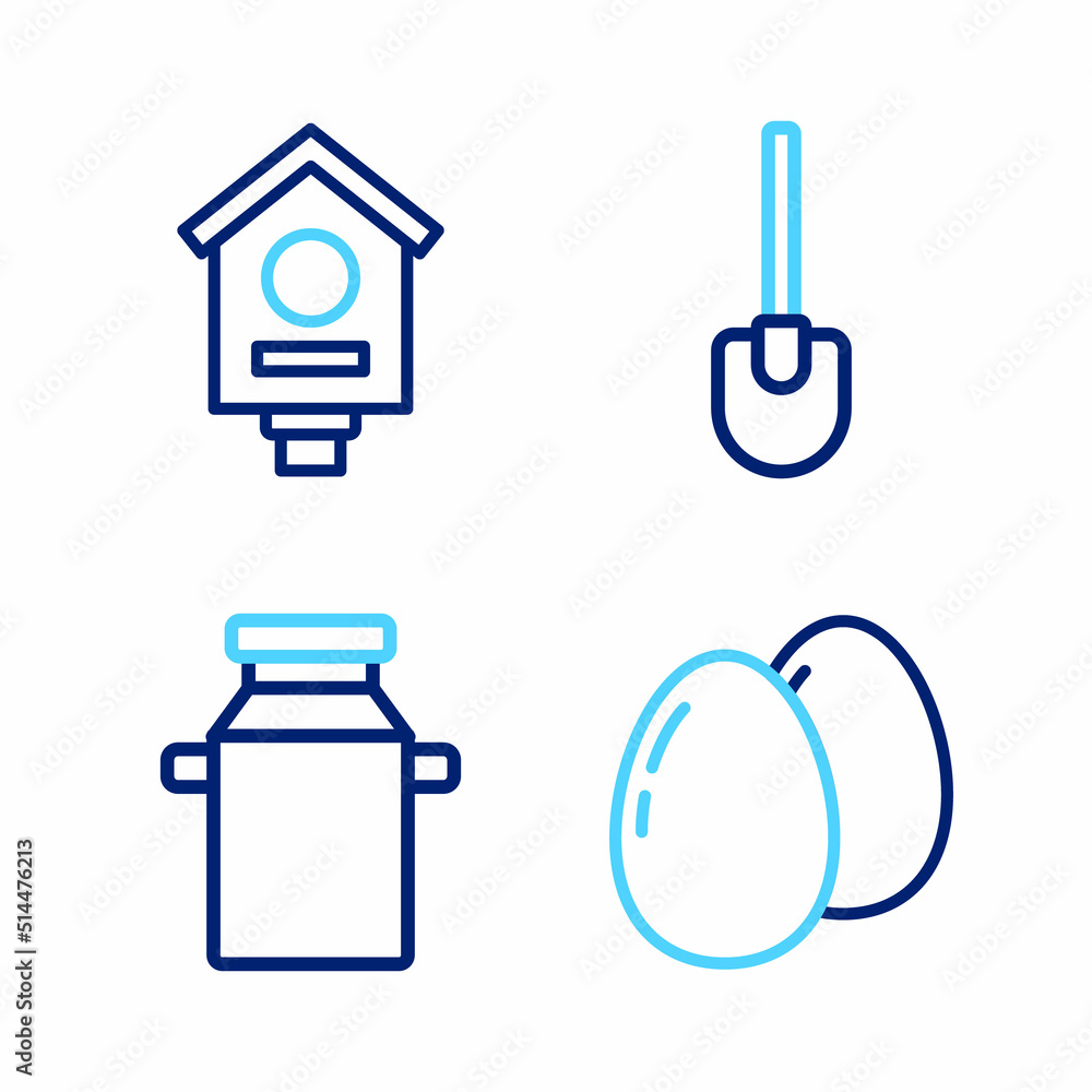 Set line Chicken egg, Can container for milk, Shovel and Bird house icon. Vector