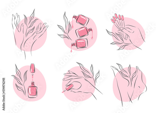 Set of elements and icons for nail studio. Nail polish, nail brush, manicured female hands and legs. Vector illustrations