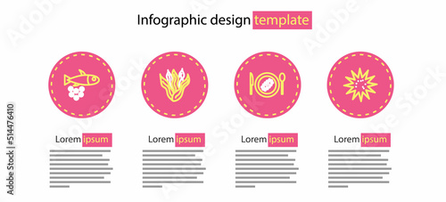 Set line Served cucumber on a plate, Sea urchin, Seaweed and Fish with caviar icon. Vector