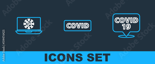 Set line Corona virus on location, Virus statistics laptop and covid-19 icon. Vector