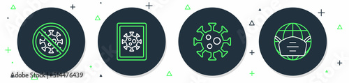 Set line Virus statistics on monitor, Stop virus and Earth with medical mask icon. Vector