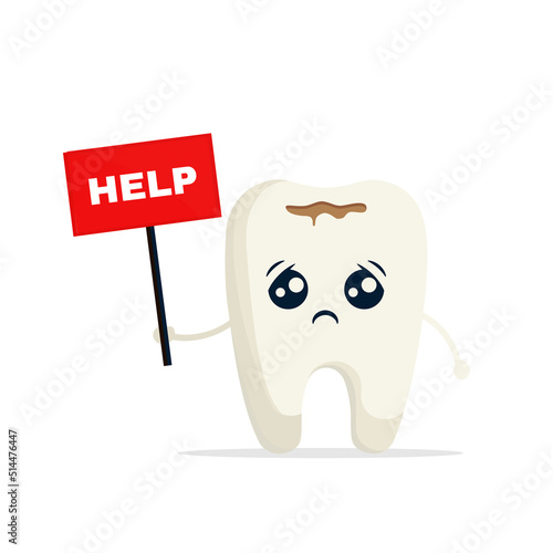 Cartoon sick tooth asks for help isolated on white background. Problem tooth asks for help. Caries, cracks, diseased tooth, concept.  Vector stock