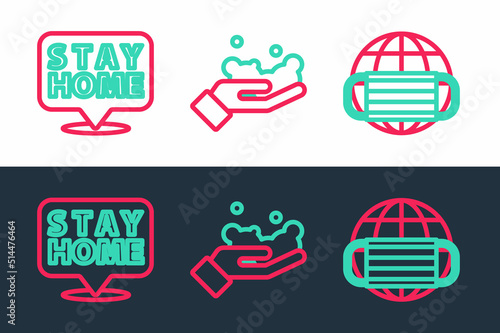 Set line Earth with medical mask  Stay home and Washing hands soap icon. Vector