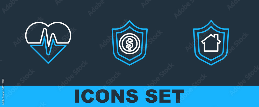 Set line House with shield, Health insurance and Shield dollar icon. Vector Set line House with shield, Health insurance and Shield dollar icon. Vector