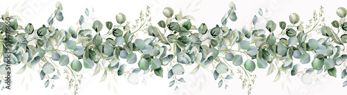 Eucalyptus leaves seamless border. Watercolor floral illustration. Greenery and jasmine flower for wedding invitation, greeting cards, decoration, stationery design. Hand drawn green herbs