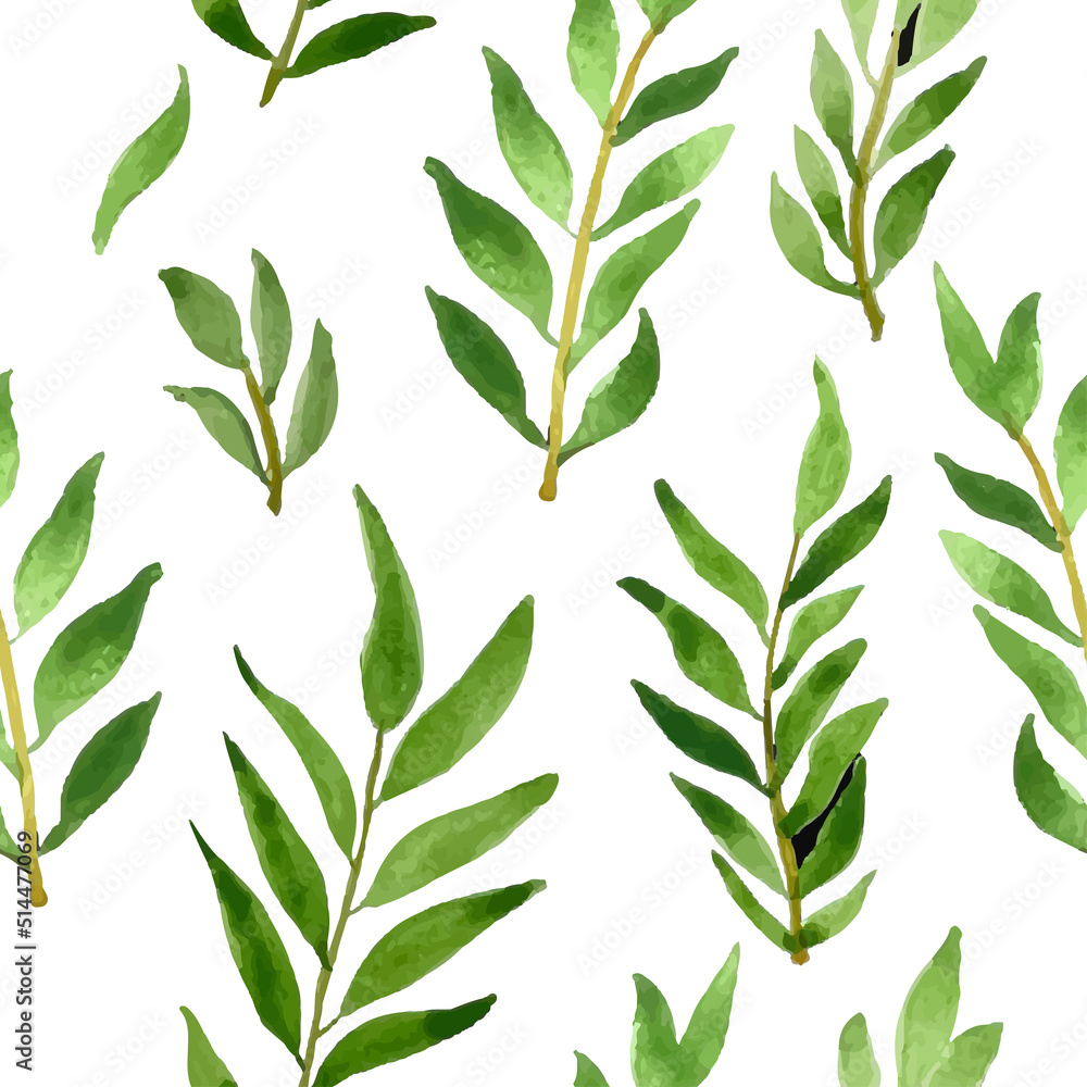 Cute Seamless Pattern with Hand Drawn Green Plant Branch. Aesthetic Floral background. Botanical set. Trendy botanical design for fashion, fabric, textile, wallpaper, cover, print. Vector Cute Seamless Pattern with Hand Drawn Green Plant Branch. Aesthetic Floral background. Botanical set. Trendy botanical design for fashion, fabric, textile, wallpaper, cover, print. Vector