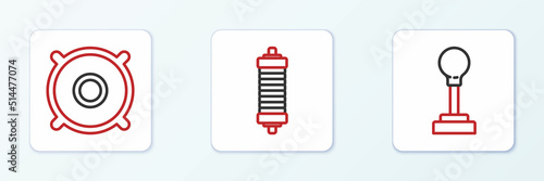 Set line Gear shifter, Car audio speaker and Shock absorber icon. Vector