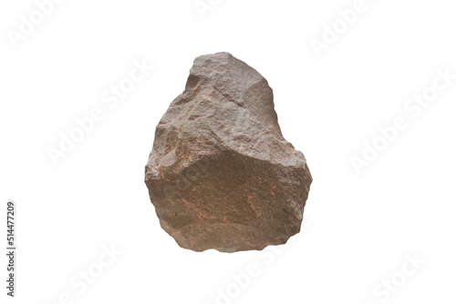 Sandstone chopper with convex cutting edge isolated on white background. Stone age tools in Mesolithic Period or Middle Stone Age. 