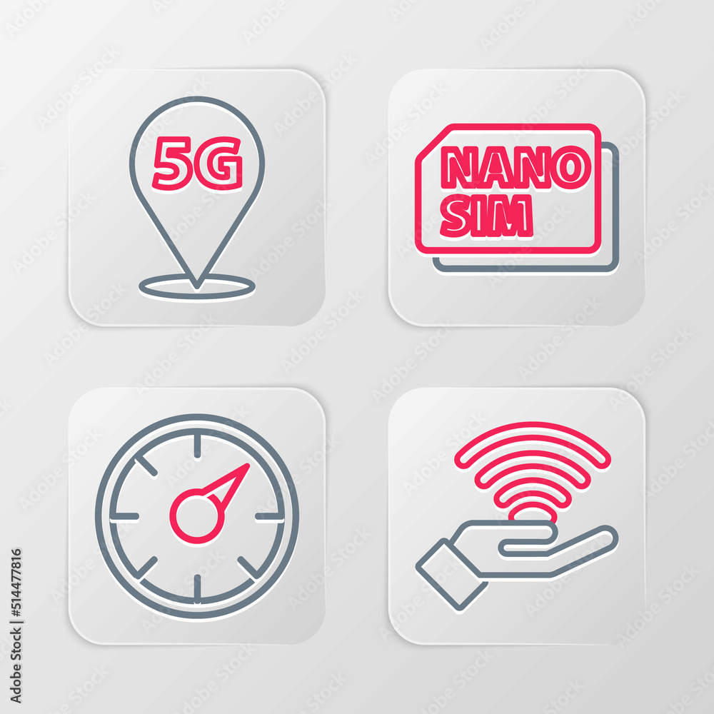 Set line 5G network, Digital speed meter, Nano Sim Card and Location icon. Vector Set line 5G network, Digital speed meter, Nano Sim Card and Location icon. Vector