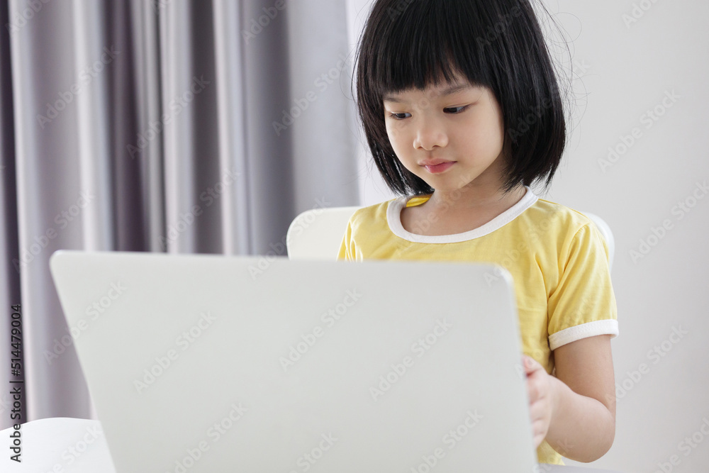 little asian girl student study online using laptop computer at home little asian girl student study online using laptop computer at home