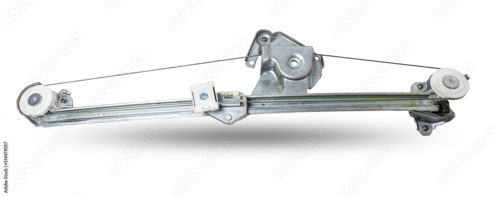 Electric window mechanism for a car on a white isolated background. Automotive spare parts catalog Electric window mechanism for a car on a white isolated background. Automotive spare parts catalog