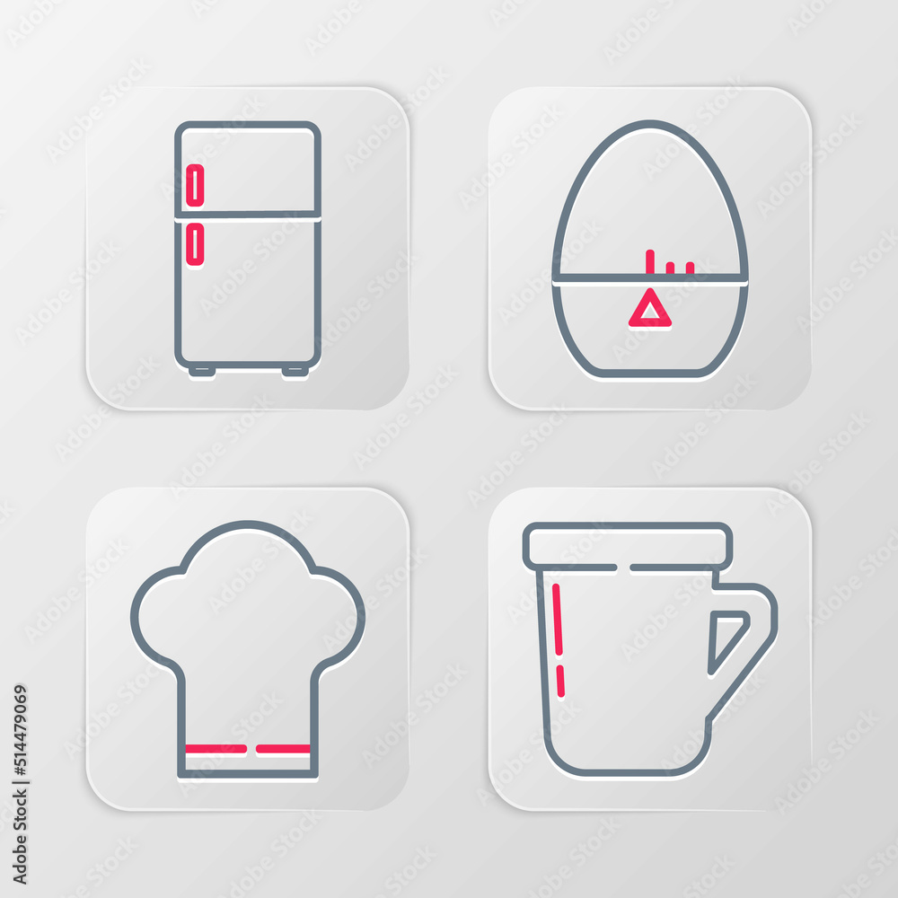 Set line Coffee cup, Chef hat, Kitchen timer and Refrigerator icon. Vector Set line Coffee cup, Chef hat, Kitchen timer and Refrigerator icon. Vector
