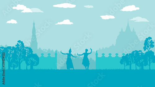 flat cartoon of traditional Thai Dance and wall ancient temple