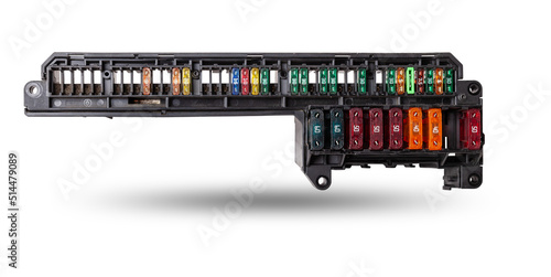 Automotive fuses box in different colors and each color is responsible for the specific value of the protection defined in amperes. Catalog of spare parts. photo