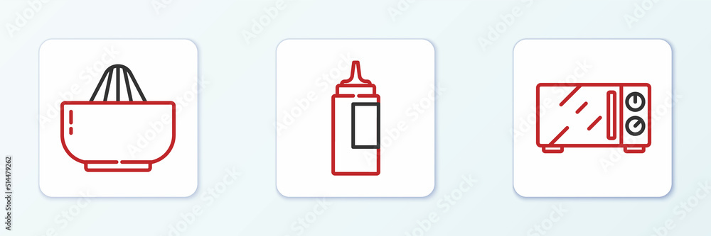 Set line Microwave oven, Citrus fruit juicer and Sauce bottle icon. Vector Set line Microwave oven, Citrus fruit juicer and Sauce bottle icon. Vector
