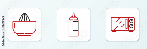 Set line Microwave oven, Citrus fruit juicer and Sauce bottle icon. Vector