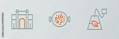Set line Tea bag, India Gate in Delhi and Chicken tikka masala icon. Vector