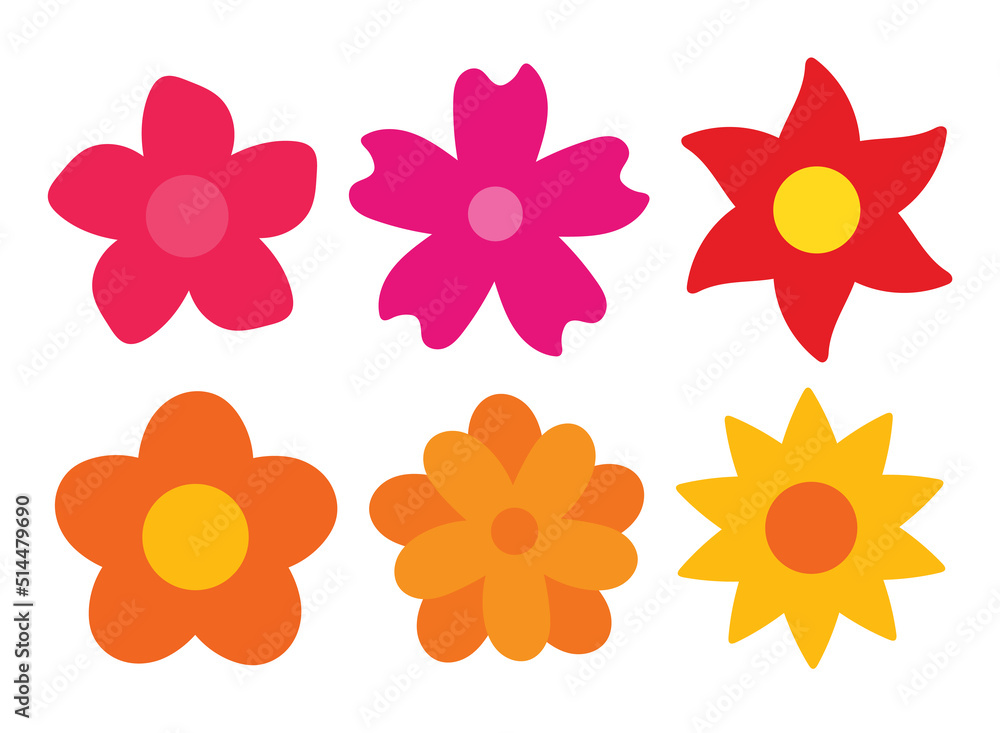Colorful Set of Flat Flower Icons Isolated on white. Cute Retro Design for Stickers, Labels, Tags, Gift wrapping paper